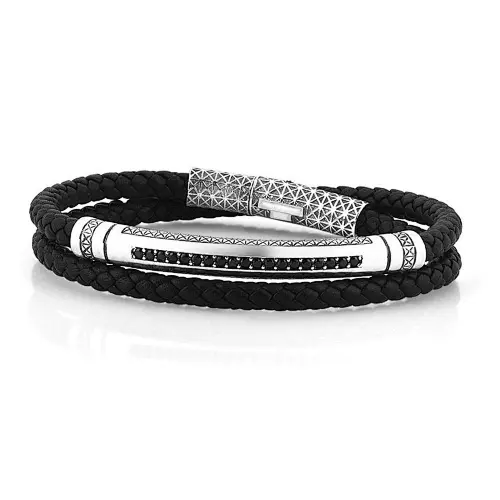 Low MOQ mens simple stainless steel Double layer braided leather bracelet custom