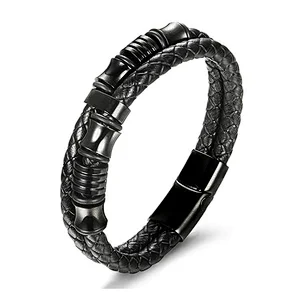 Stainless steel magnetic clasp leather bracelet men's cuff bracelet
