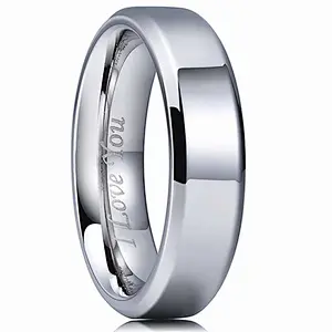 Polished Plain Beveled Edge Wedding Band Laser Etched I Love You 6mm stainless steel flat o finger ring for men