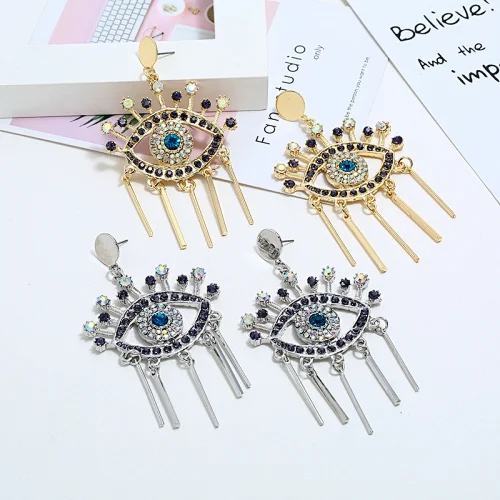 Vintage Crystal Rhinestone Turkey Eyelash Evils Eye Tassel Stud Earrings Dark Blue