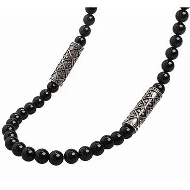 Antique Silver Plated Round Charms Natural Agate Stone Necklaces Black Agate Bead Necklace For Men