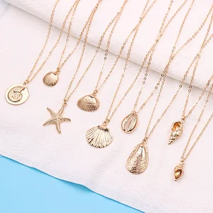 Gold plated clavicle chain cowrie conch shell starfish pendant necklace jewelry