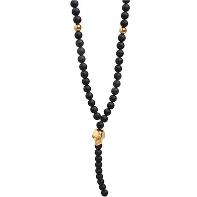 Gold Plated Single Skull Head Charm Natural Agate Stone Necklaces Black Agate Bead Necklace For Men