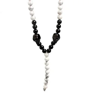 Black Double Skull Charms Natural Stone Necklaces Black Agate With White Turquoise Bead Necklace For Men