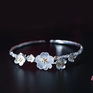 Retro S925 Silver Bracelet Female Opening Adjustable Creative Plum Handmade Silver Rain Flower Bracelet