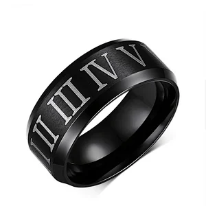 Wholesale custom 6mm Roman numerals black titanium steel men finger ring