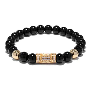 Fashion Jewelry Wholesale Natural Stone Onyx Black Agate Beads Bracelet With Top Grade Zircon Pave Drill Men Bead Bracelet