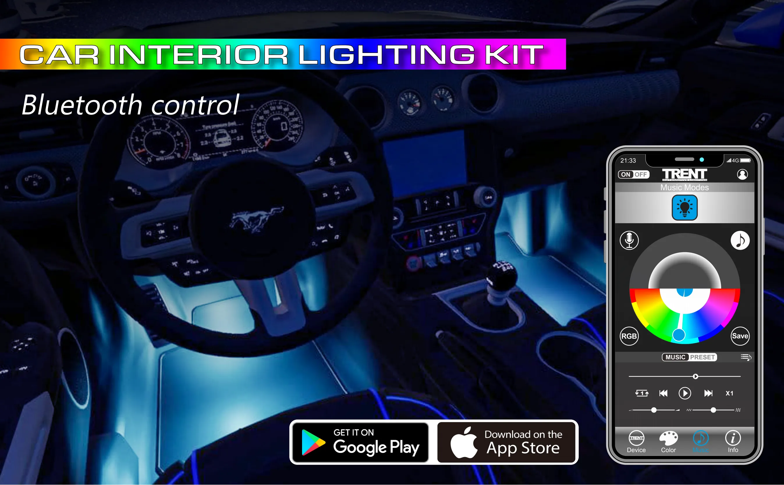 car accent light, car interior lighting, app control interior light