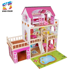 OEM/ODM girls wooden large dolls house with furniture W06A355C