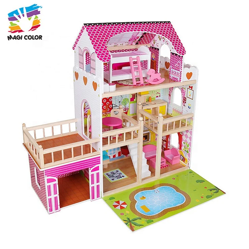 Ready To Ship 3 floors lighted kids wooden dollhouse with pool W06A333C