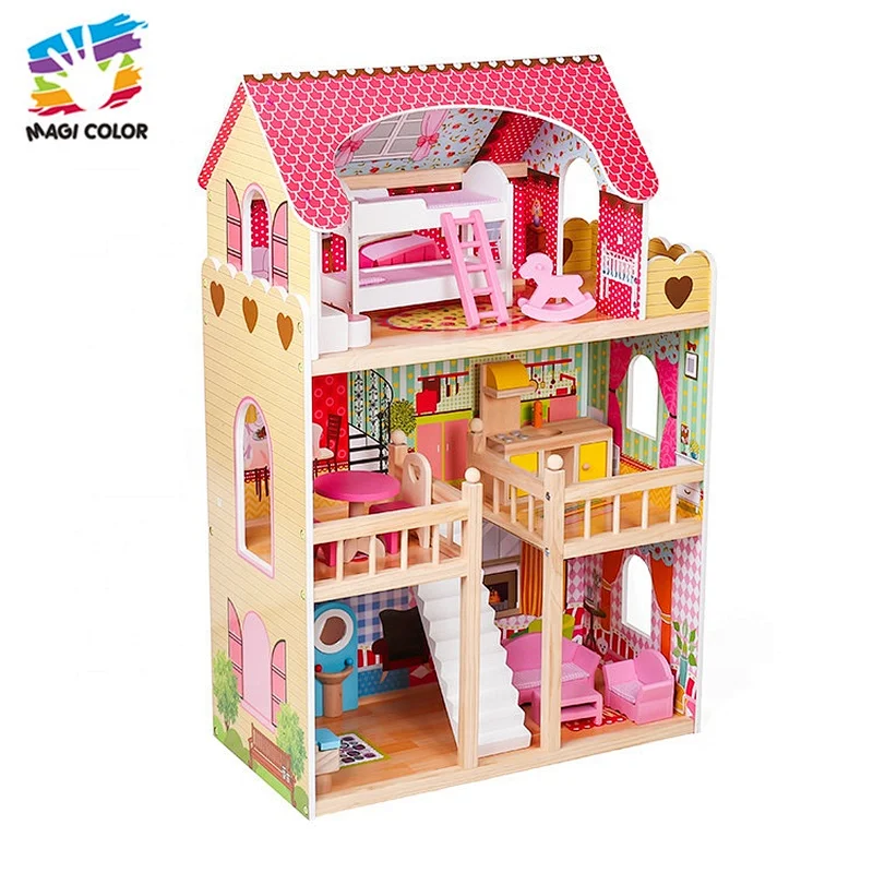 Ready To Ship best design miniature pink girl wooden doll house for pretend play W06A163C