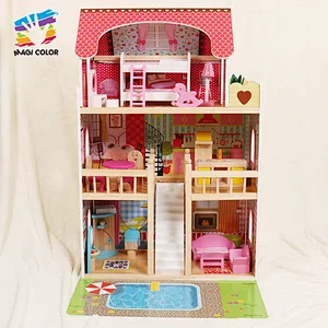 Ready To Ship girls pretend play wooden led doll house with garden and pool W06A333E