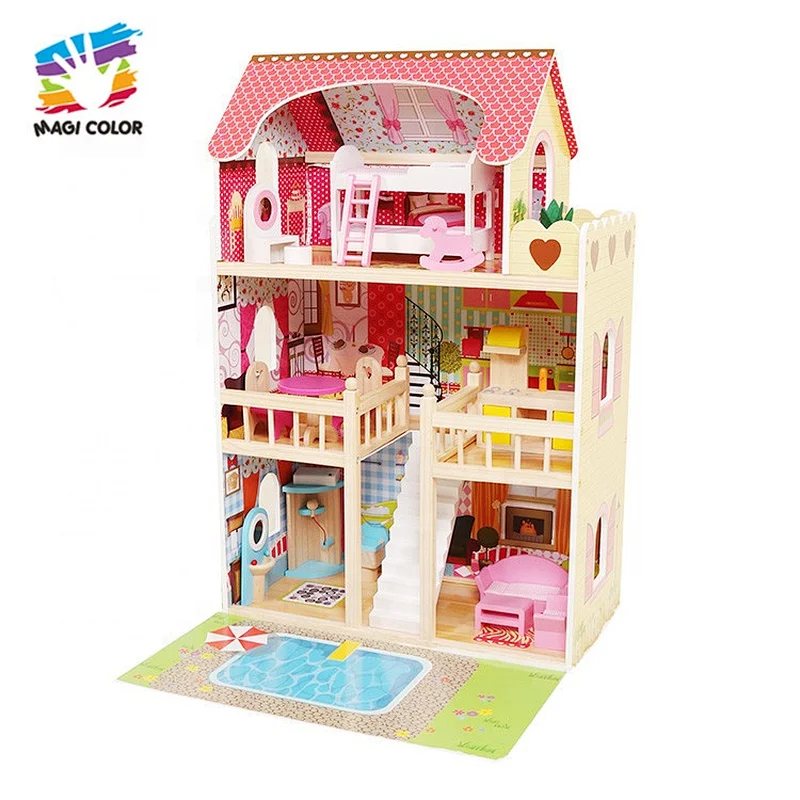 Ready To Ship kids multi level wooden dollhouse for pretend play W06A413