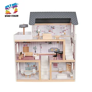 Ready To Ship kids multi level wooden dollhouse for pretend play W06A413