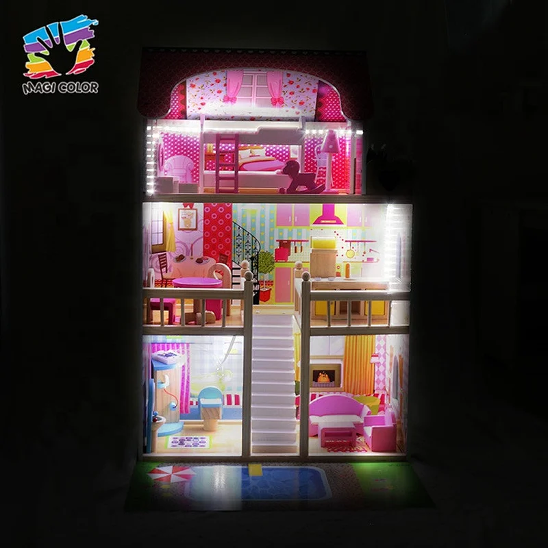 Ready To Ship girls pretend play wooden led doll house with garden and pool W06A333E