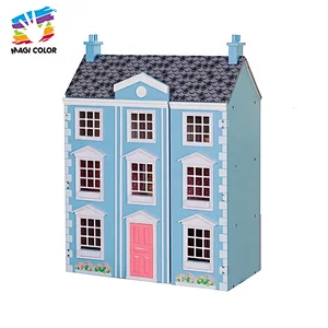 New release blue wooden georgian doll house toys for kids W06A419