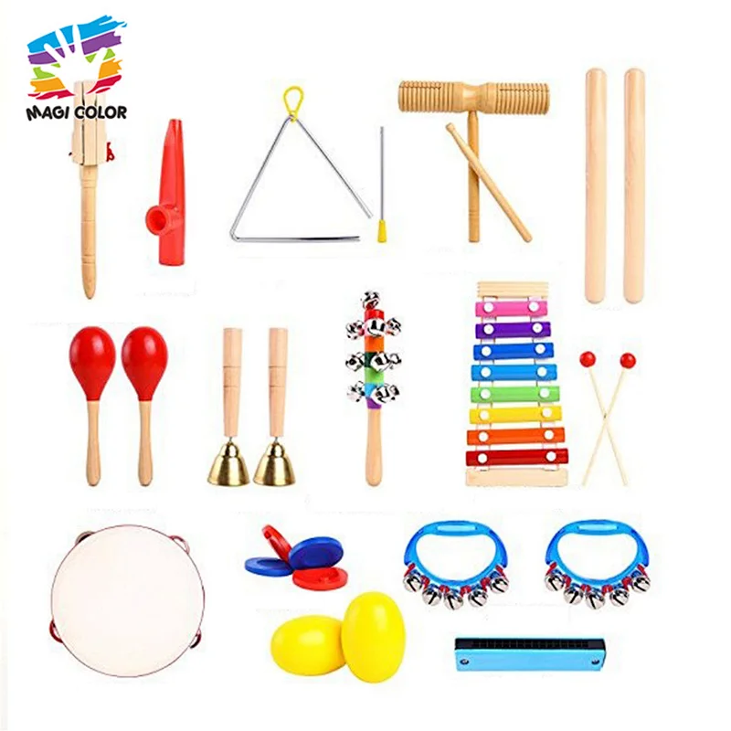Kids wooden colorful 9pcs music instrument set with cartoon bee bag W07A191