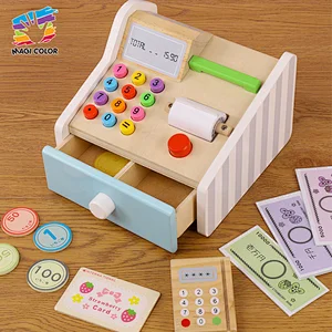 Hot selling pretend play wooden simulation cash register toy for kids W10A132