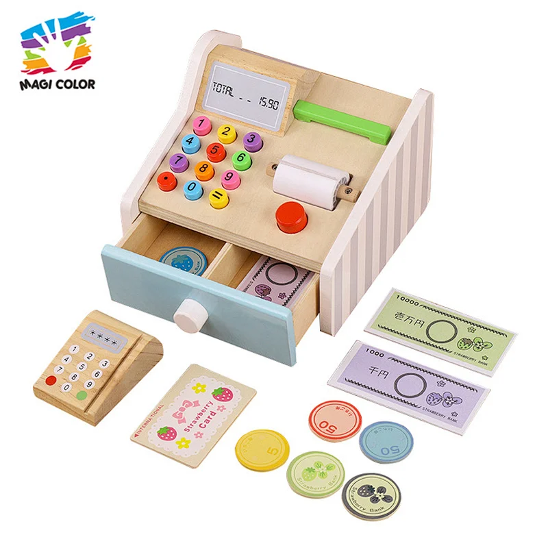 Hot selling pretend play wooden simulation cash register toy for kids W10A132