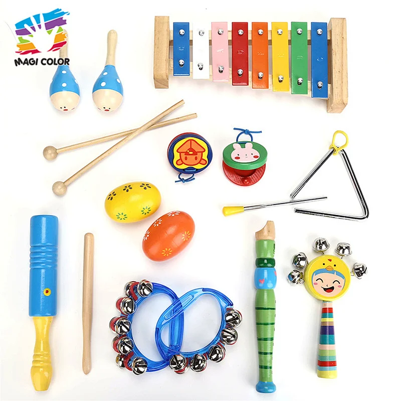 Wooden rainbow color educational toy 15pcs music instrument set for kids W07A188