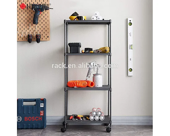 Adjustable 4-tier Epoxy Steel Mesh Shelf on Wheels