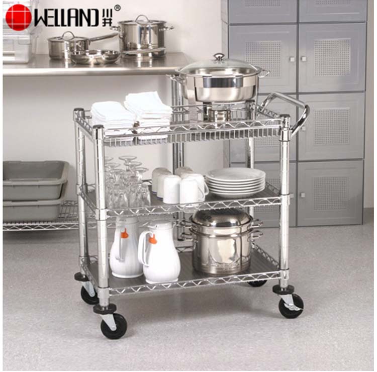 scaffalatura e carrello di servizio da cucina in acciaio