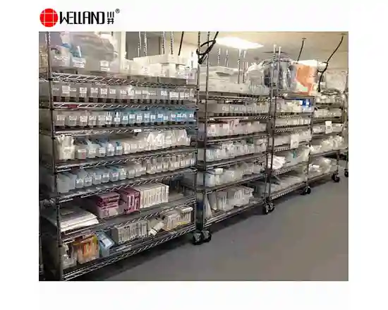 Hospital health care pharmacy storage metal movable wire shelving with wheels