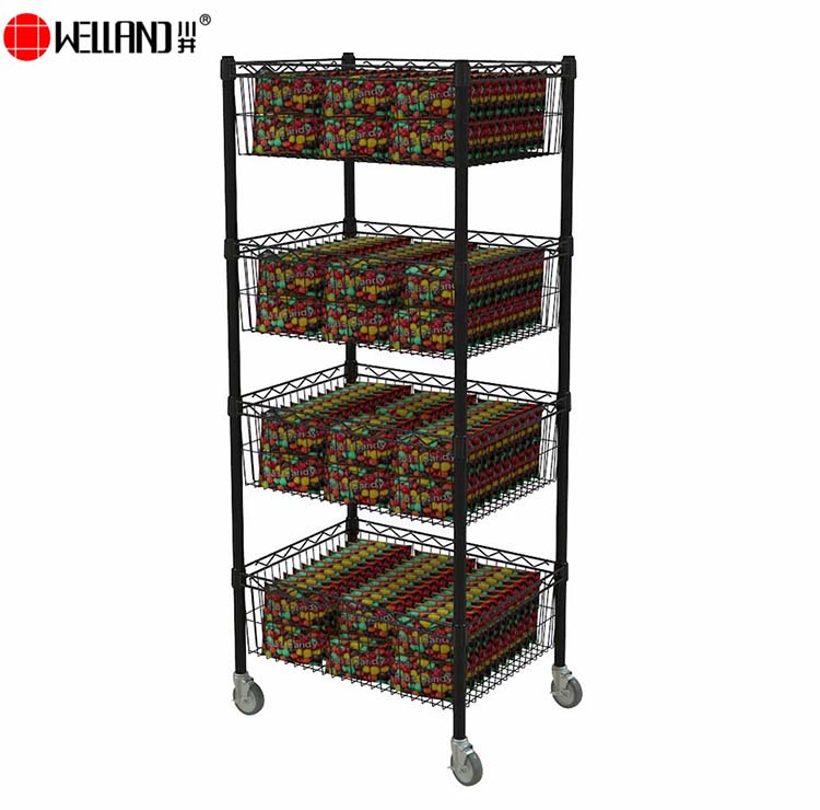 wire basket display rack on wheels