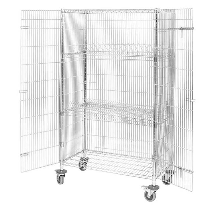 Carrello per scaffali con filo di sicurezza