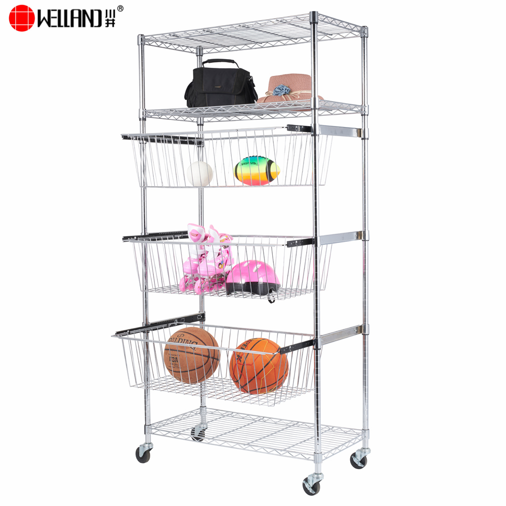 scaffale per carrello in filo cromato con cestello scorrevole