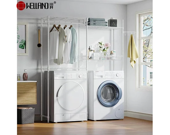 White Powder Coated DIY Metal Washing Machine Shelf Unit with Clothes Hanging Rack