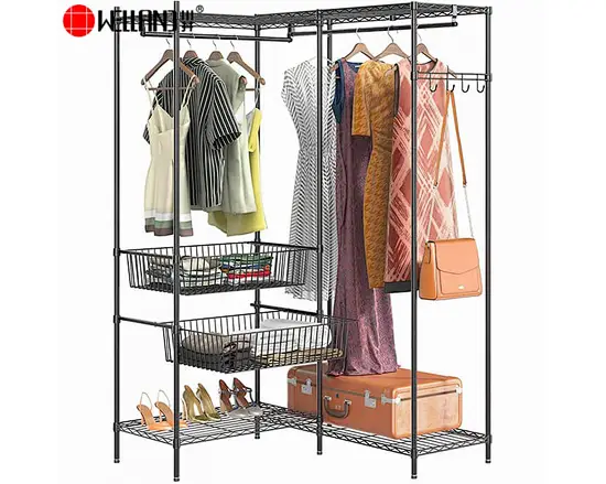 Freestanding Metal Garment Rack with Sliding Baskets for Bedroom closet Storage