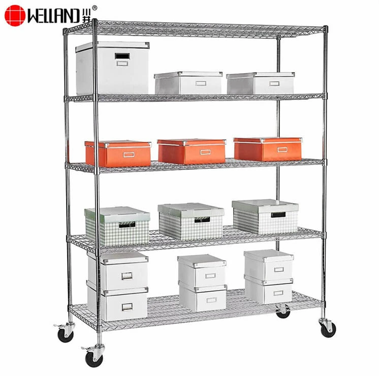 5 Tiers Chrome Wire Shelving Rack On Wheels, Commercial Metal Shelving On Wheels