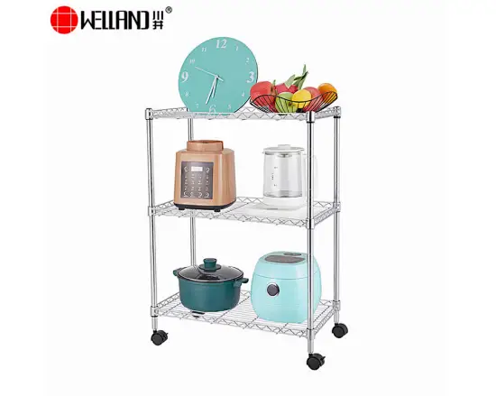Adjustable 3 Tier Chrome Wire Rack on Wheels