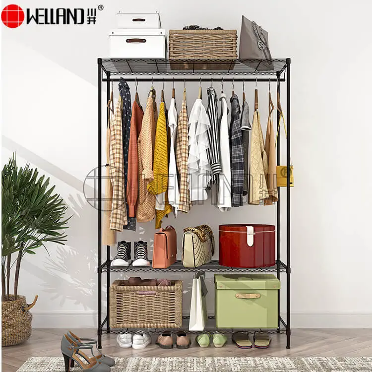 black garment rack with shelves