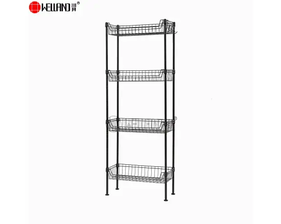 Vertical 4 tier black wire basket shelf unit