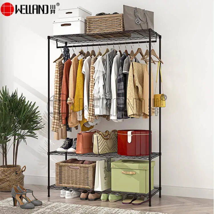 black garment rack with shelves