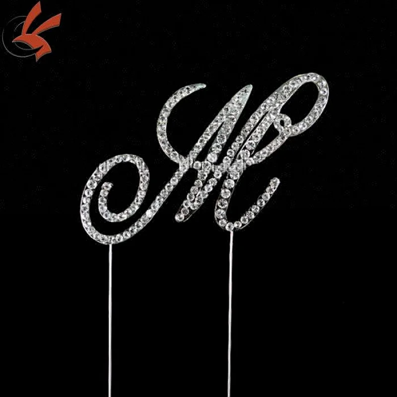 Silver Letter Initial Monogram Wedding Cake Topper in Crystal Rhinestone Covered