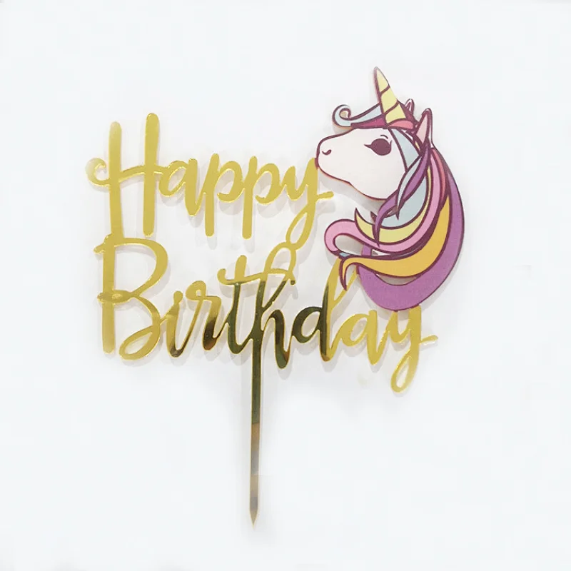 Lovely Printed Unicorn Acrylic Happy Birthday Cake Topper in Gold