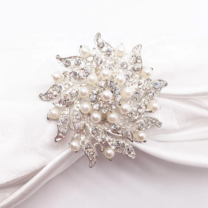 Men made table mokador decorative flower silver rhinestone beaded napkin rings for weddings