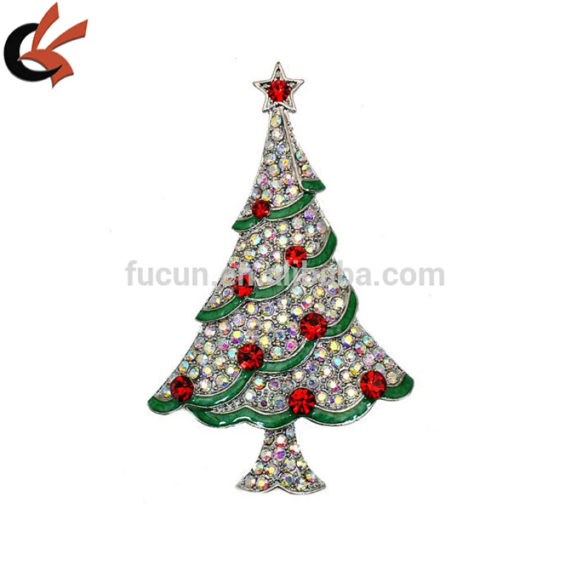 Vintage Gold silver green Enamel & Rhinestone Christmas Tree Brooch Pin