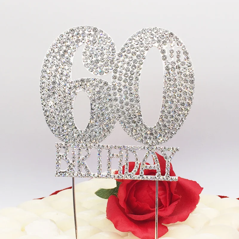 Crystal Rhinestone Full Rhinestone 60th Silver Plating Birthday Cake Topper Decoration