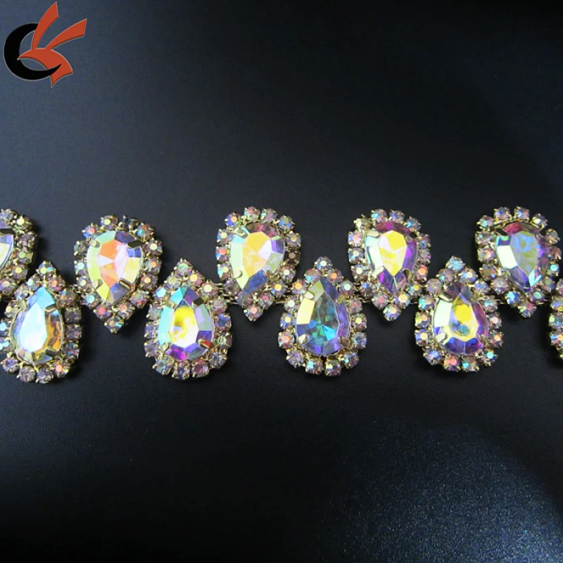 Bridal Show Costume Applique AB Clear Glass Rhinestone GOLD Chain Trim
