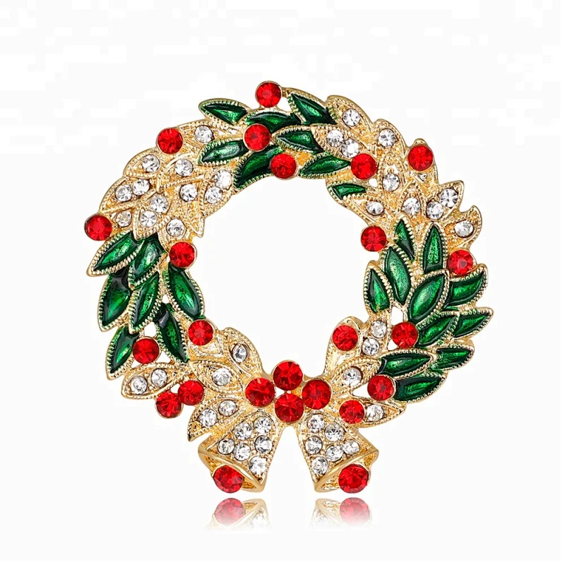Factory Enamel Crystal Red Rhinestone Christmas Wreath Brooch with Hang Bell