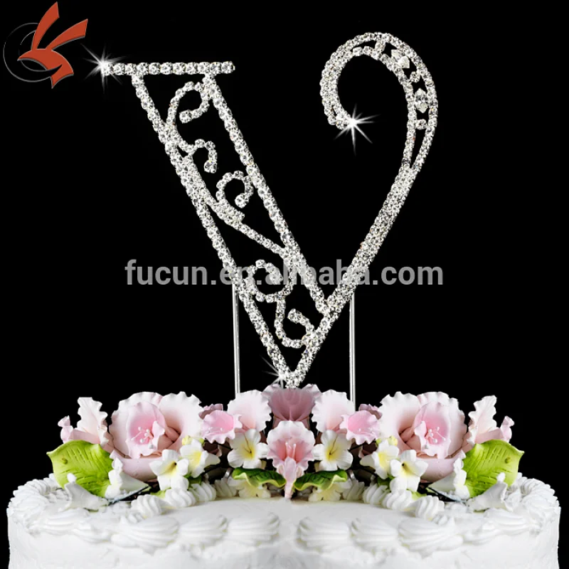 letter V rhinestone monogram wedding cake topper