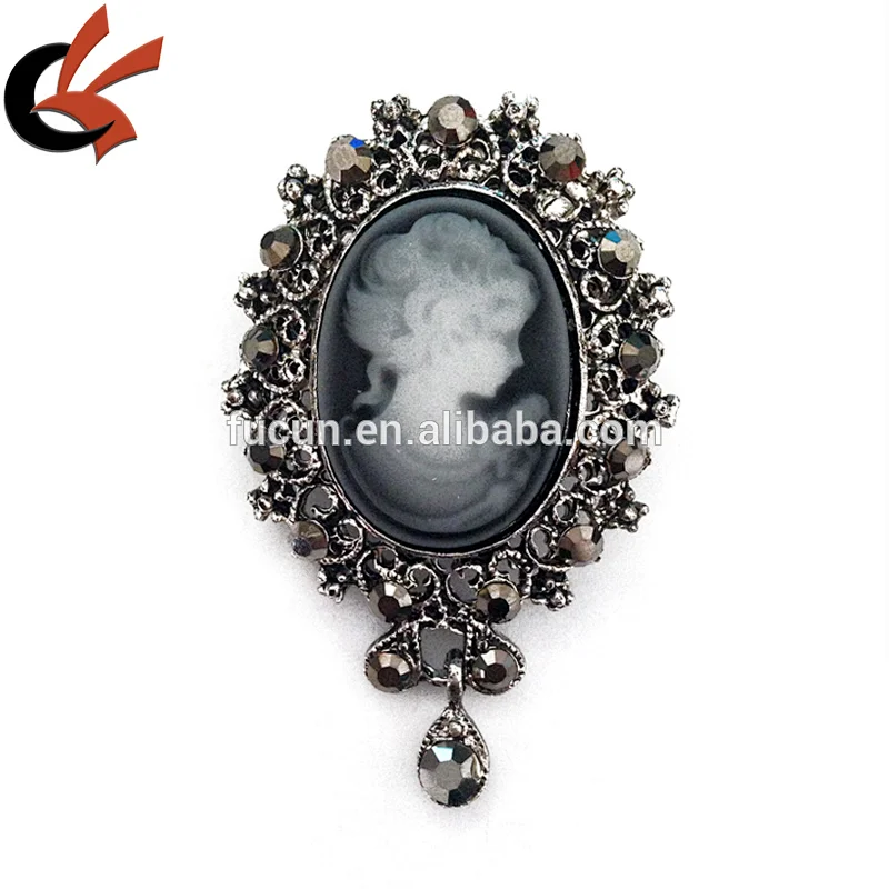 Lady Cameo Brooch, black Cameo Pin, Vintage Cameo Jewelry