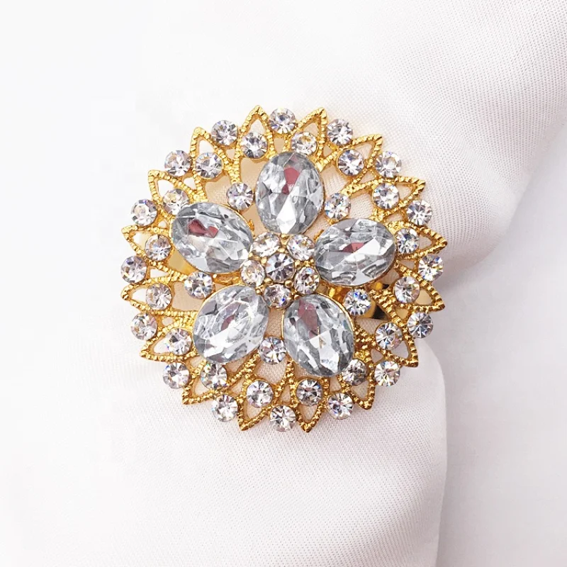 Elegant Table Decoration Glass Rhinestone Gold Bridal Wedding Floral Napkin Ring