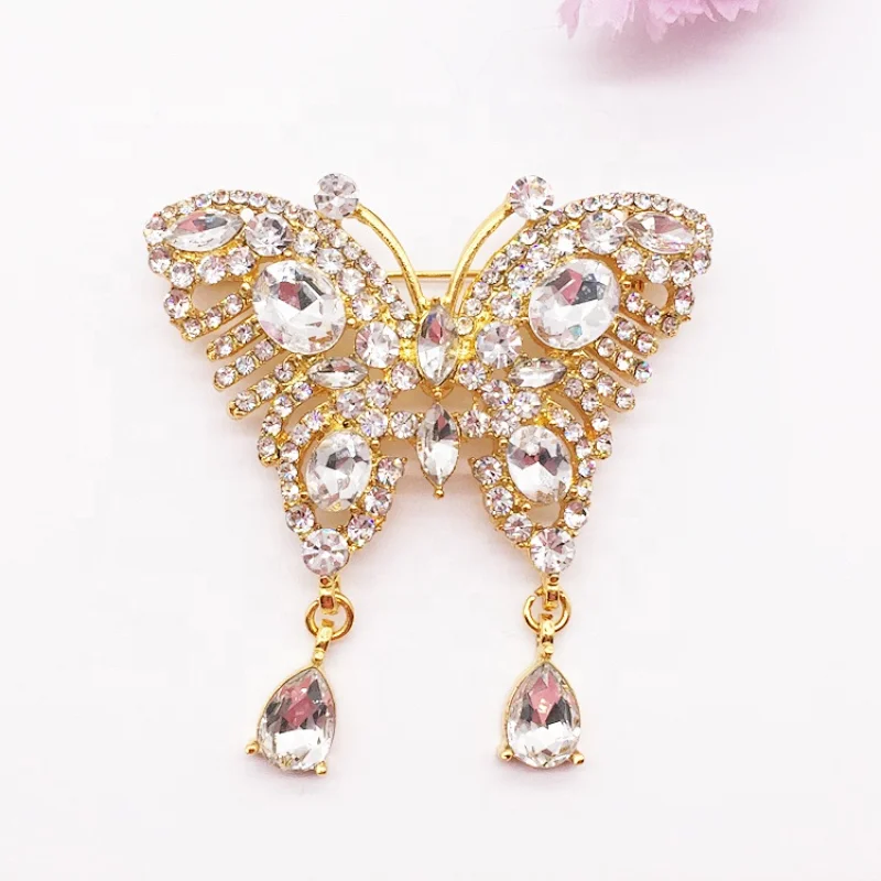 Clear Crystal Diamante Gold Plated Butterfly Brooch Pins for DIY Wedding Bridal Bouquets