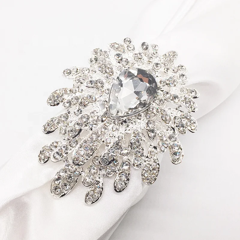 High quality wedding table accessories luxurious floral rhinestone jewelry silver metal napkin holder