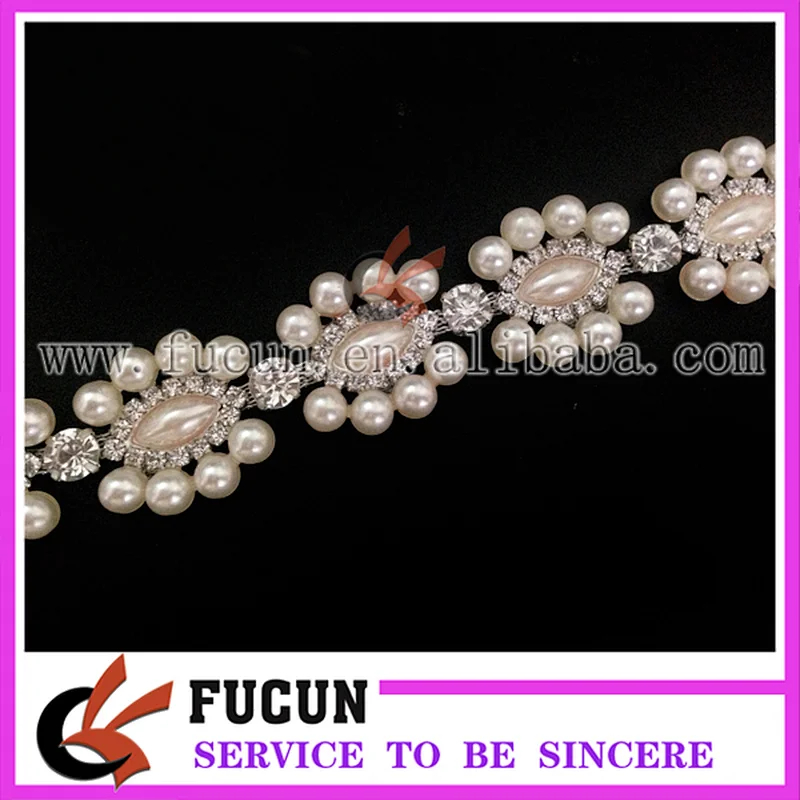Beaded Pearl Clear Crystal Rhinestones Chain Applique Sewing Trim
